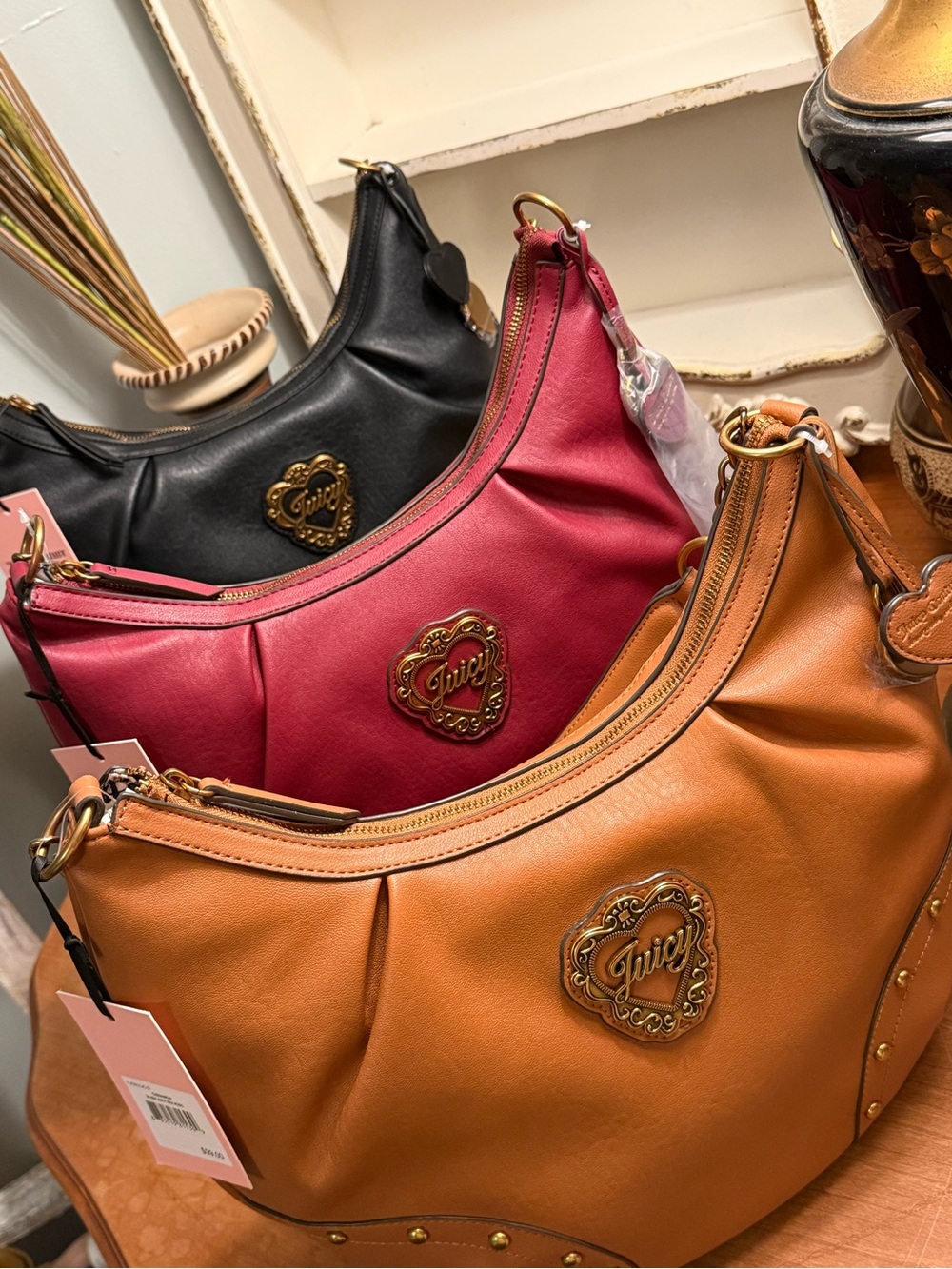 Juicy Couture Three-Tone Heart Plaque Shoulder Bag Trio - Black, Burgundy, Tan